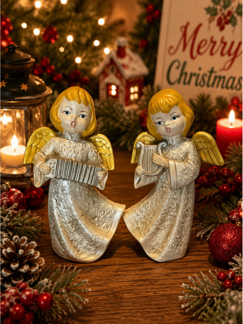 Vintage Mid Century Christmas Angel Figurines Set of 2 Accordion Harp Gold White